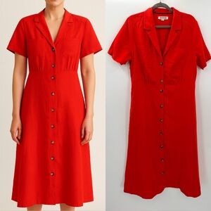 Boden Red Linen Midi Dress 14 NO BELT